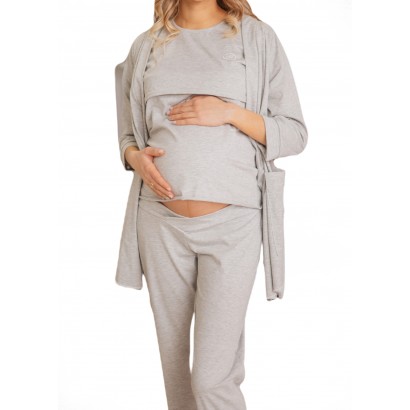 Комплект для беременных и кормящих (Укороченный халат, футболка, брюки) Рита Серый